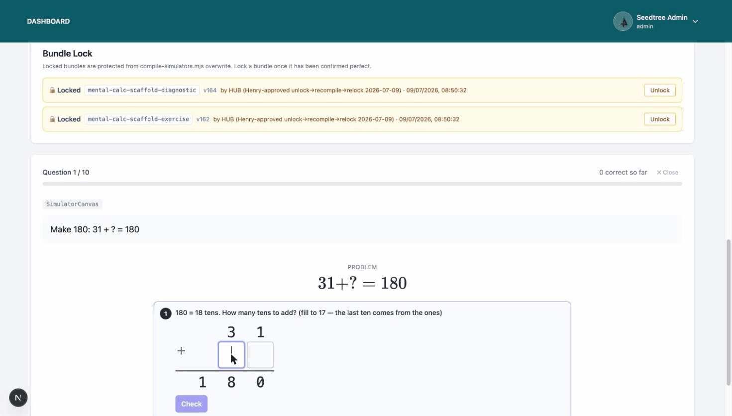 Anchor-complement scaffold answering make 180: 31 plus what equals 180, worked in a column form — fill the tens to 17 first, then the ones supply the last ten, revealing 31 plus 149 equals 180.